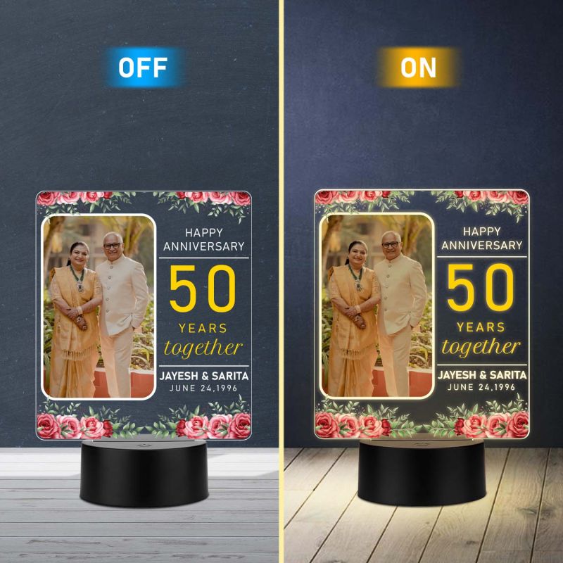 Personalized 50th Anniversary LED Lamp Custom with Photo, Names & Date Unique 50 Years Together Anniversary Couple Gift for Parents, Grandparents, Warm White LED Decor